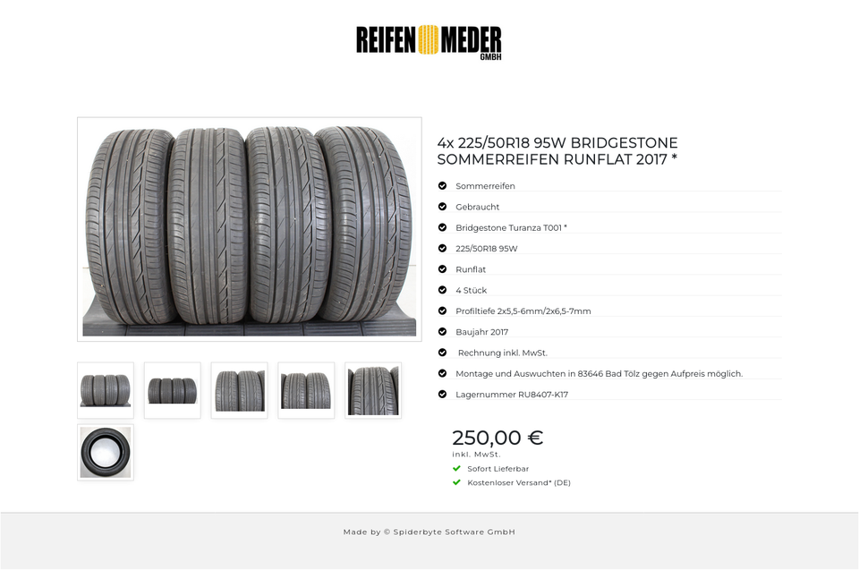 4x 225/50R18 95W BRIDGESTONE SOMMERREIFEN RUNFLAT 2017 * #1H7C – Bild 7