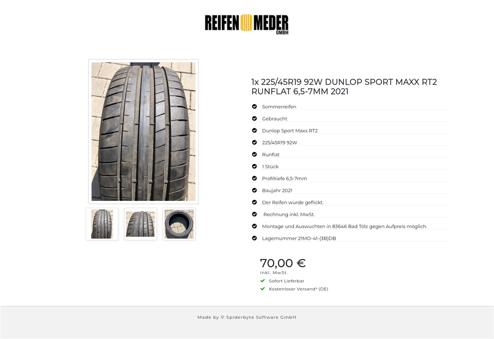 1x 225/45R19 92W DUNLOP SPORT MAXX RT2 RUNFLAT 6,5-7MM 2021 #3359 – Bild 4