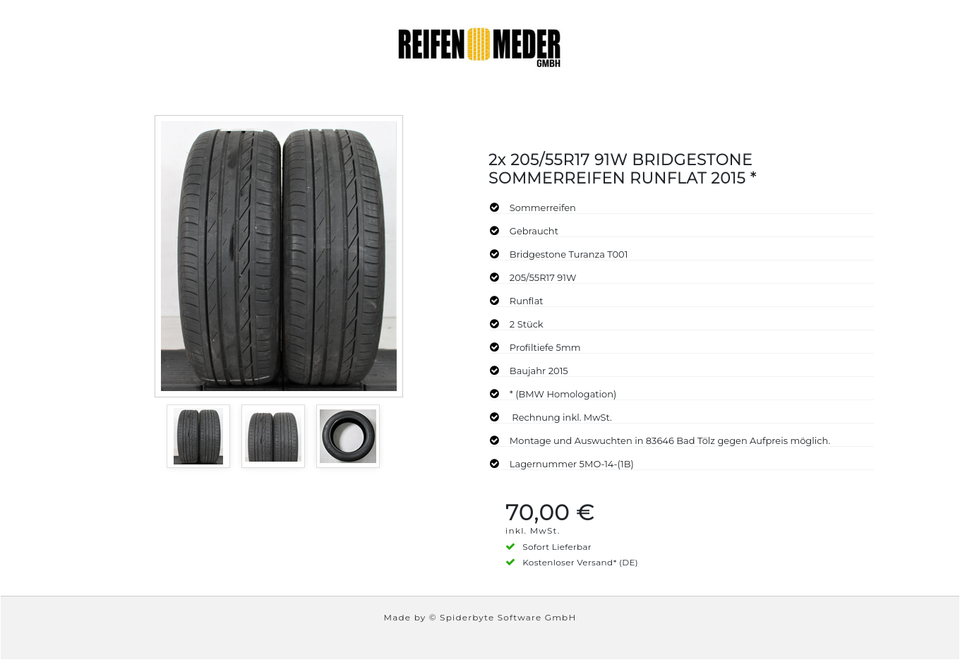 2x 205/55R17 91W BRIDGESTONE SOMMERREIFEN RUNFLAT 2015 * #150O – Bild 4