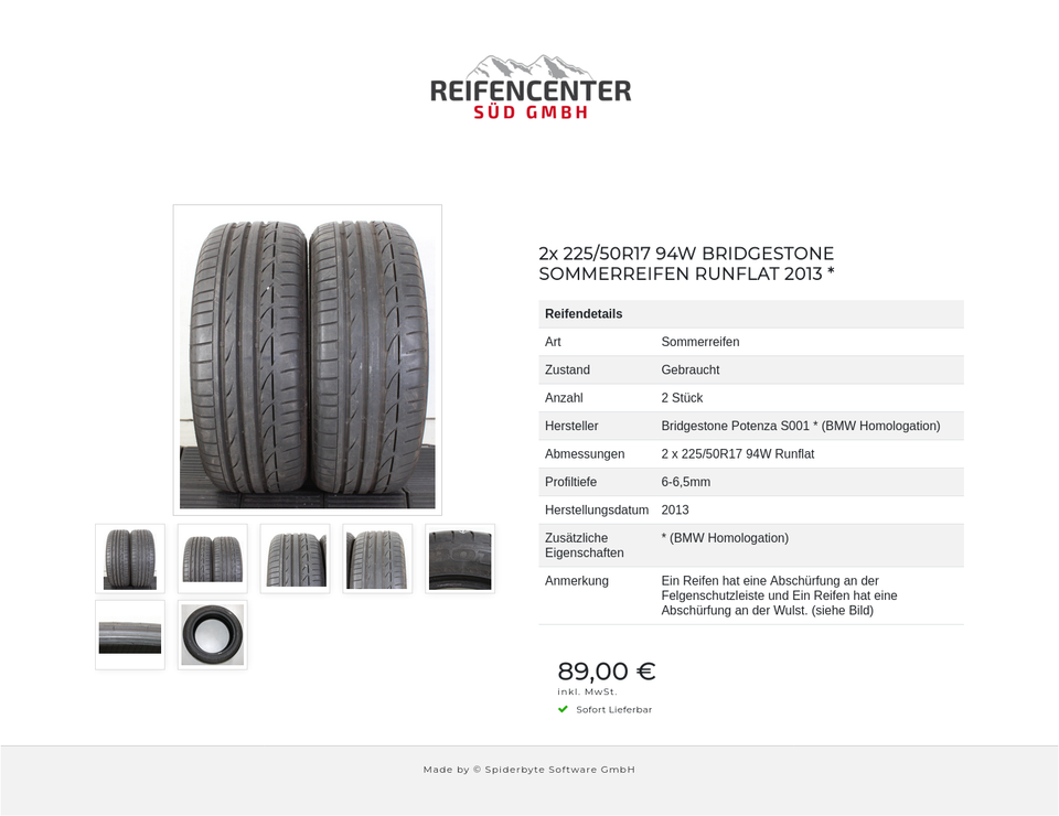 2x 225/50R17 94W BRIDGESTONE SOMMERREIFEN RUNFLAT 2013 * #1XDT – Bild 8